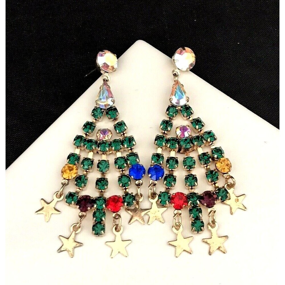 New Kirks Folly Christmas Tree Earrings Gold Tone Prong Set Crystals - 7F